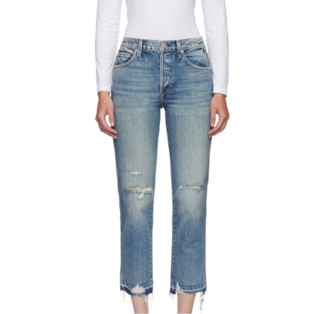 AMO Blue Ankle Cropped Jeans with Distressed Knees and Raw Hem